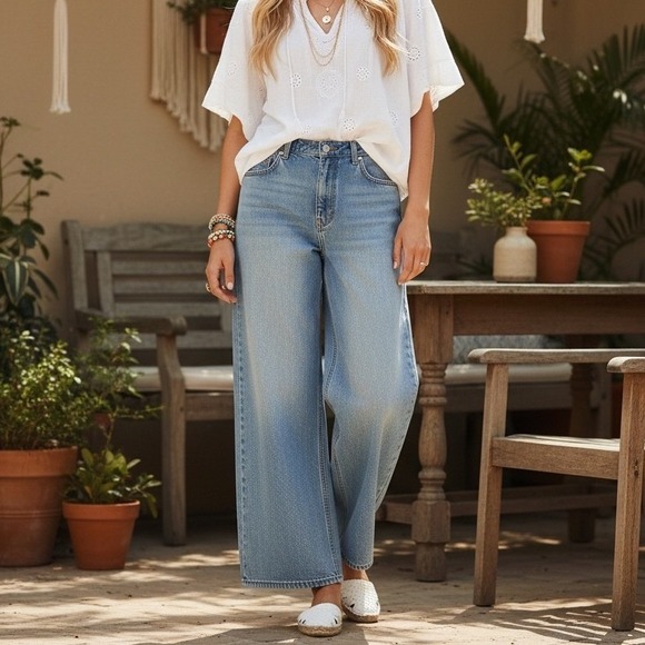 Old Navy Denim - Old Navy Wow Baggy Wide Leg Jeans Light Wash 100% Cotton Retro Size 6 Tall